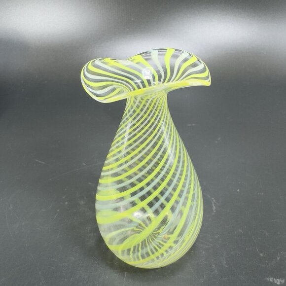 1930s Bimini Glass Miniature Vase Vessel Thin Blown Glass Delicate Yellow Swirl - Picture 8 of 11